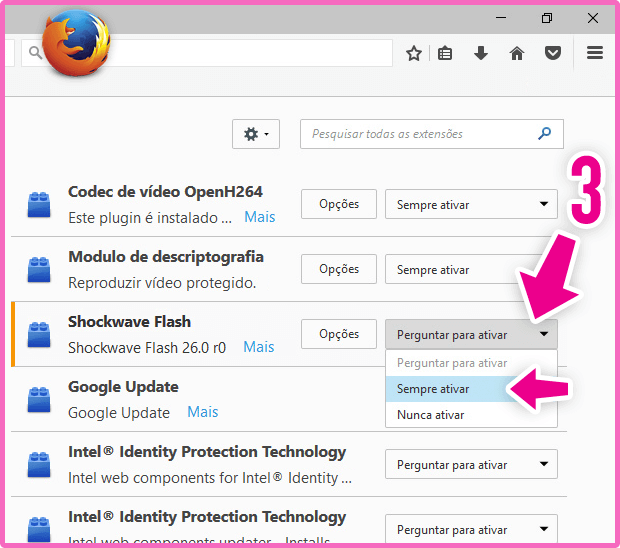 Ativar o Flash Player no Firefox Passo 2